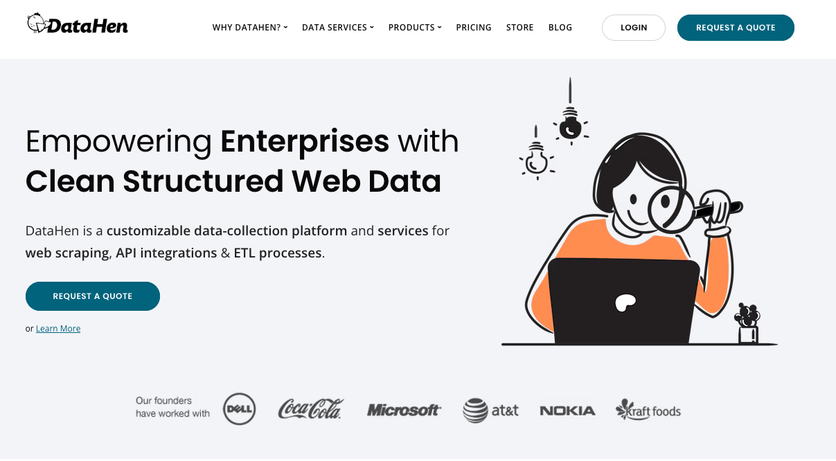 DataHen homepage with tagline about clean web data, a person using a magnifying glass at a laptop, and logos of major brands like Dell and Coca-Cola.